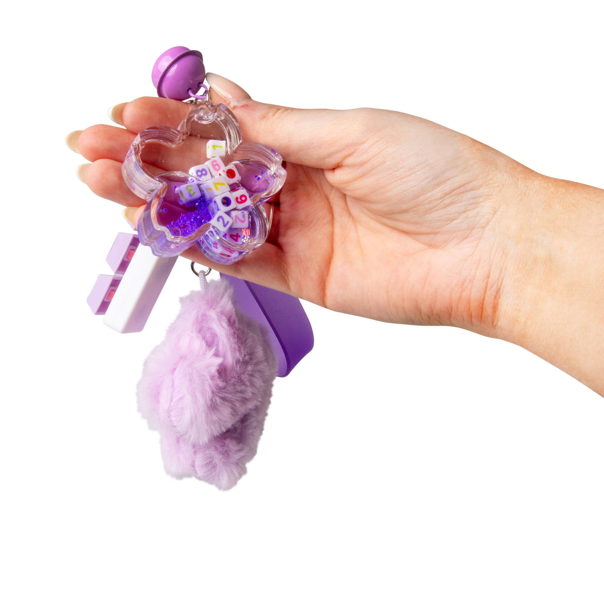 Blue Cube style fuzzy fidget keychain with glitter charm, keycap clicker, and blue fur pom