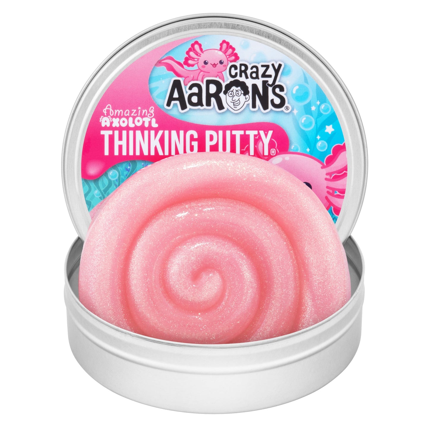 Open tin of shimmering pink Amazing Axolotl Thinking Putty with sparkling swirl texture.
