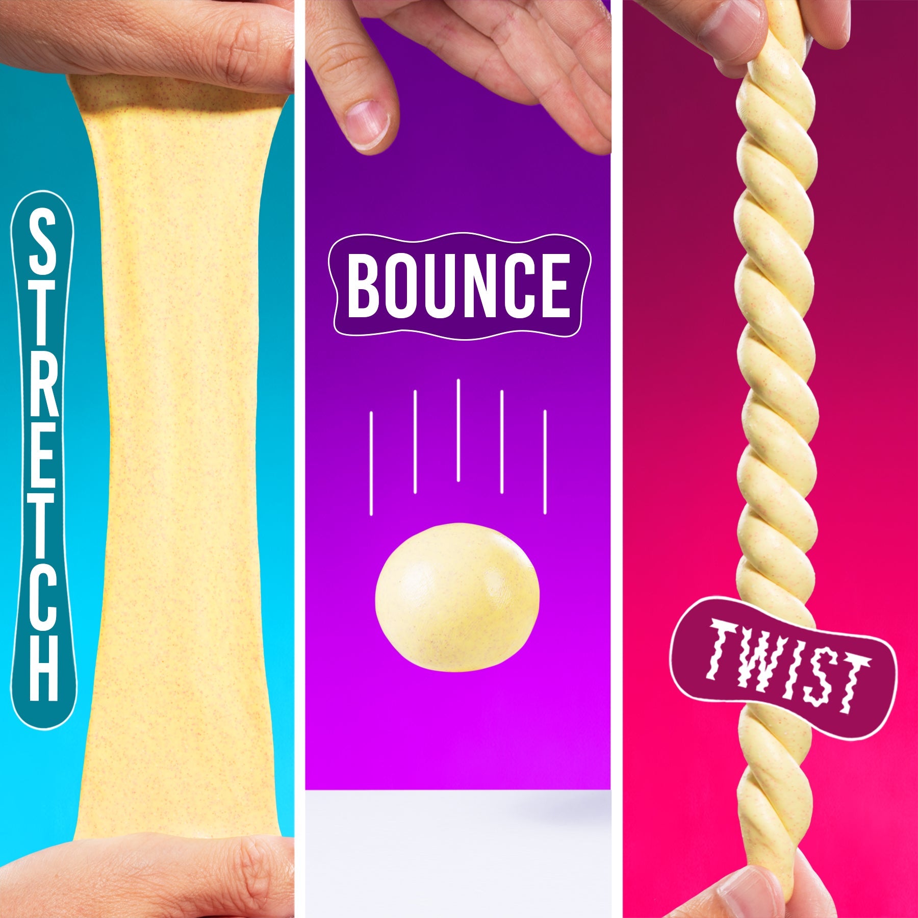 Banana Split SCENTsory Thinking Putty being stretched, bounced, and twisted to demonstrate its play features.