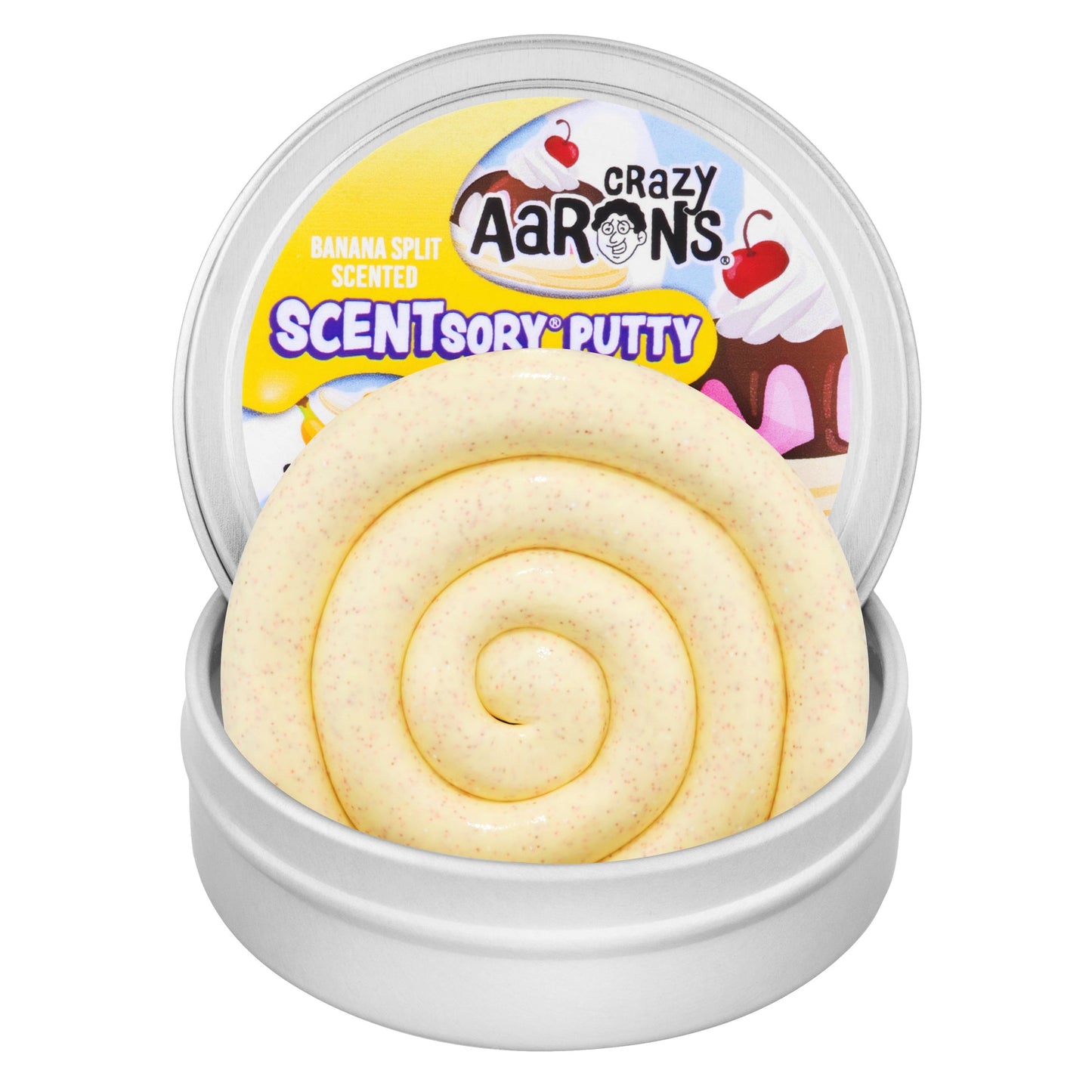 Open tin of Crazy Aaron's Banana Split SCENTsory Thinking Putty showing creamy yellow scented putty with colorful speckles.