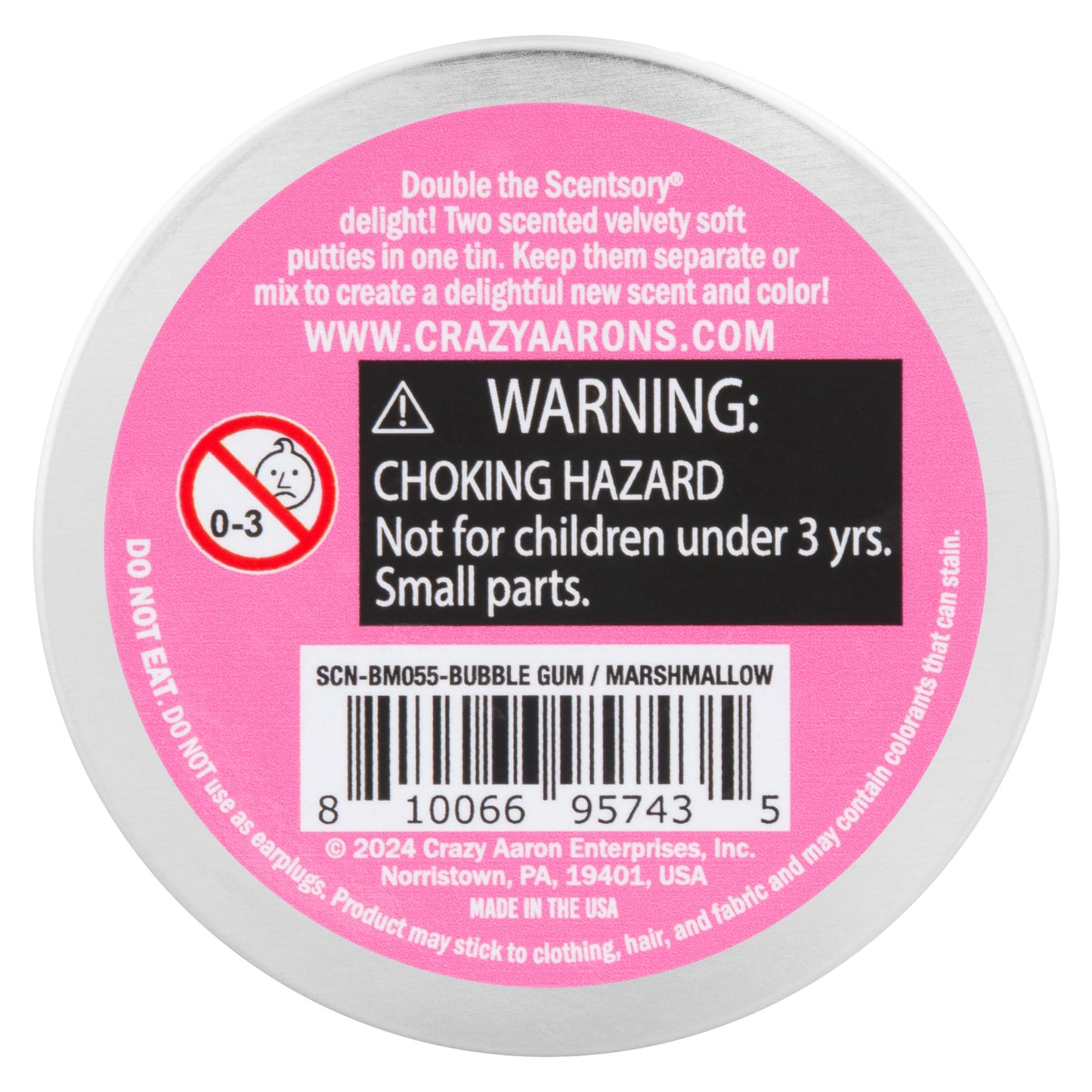 Back label of Crazy Aaron's Bubble Gum Marshmallow SCENTsory Duos Thinking Putty tin.