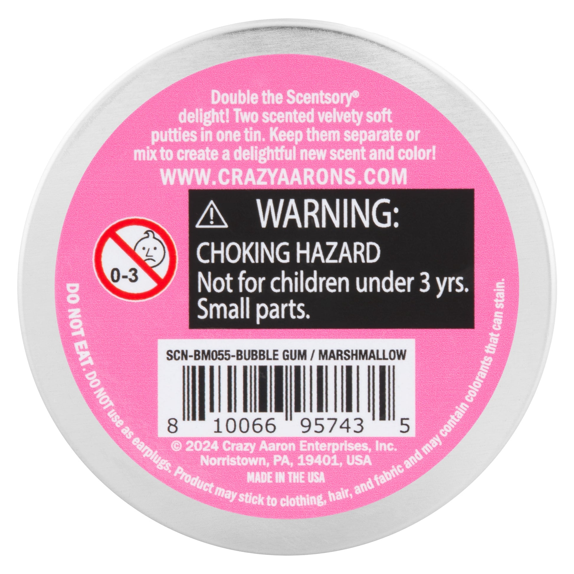 Back label of Crazy Aaron's Bubble Gum Marshmallow SCENTsory Duos Thinking Putty tin.