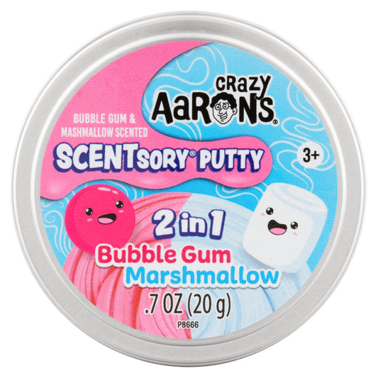 Front of Crazy Aaron's Bubble Gum Marshmallow SCENTsory Duos collectible putty tin.