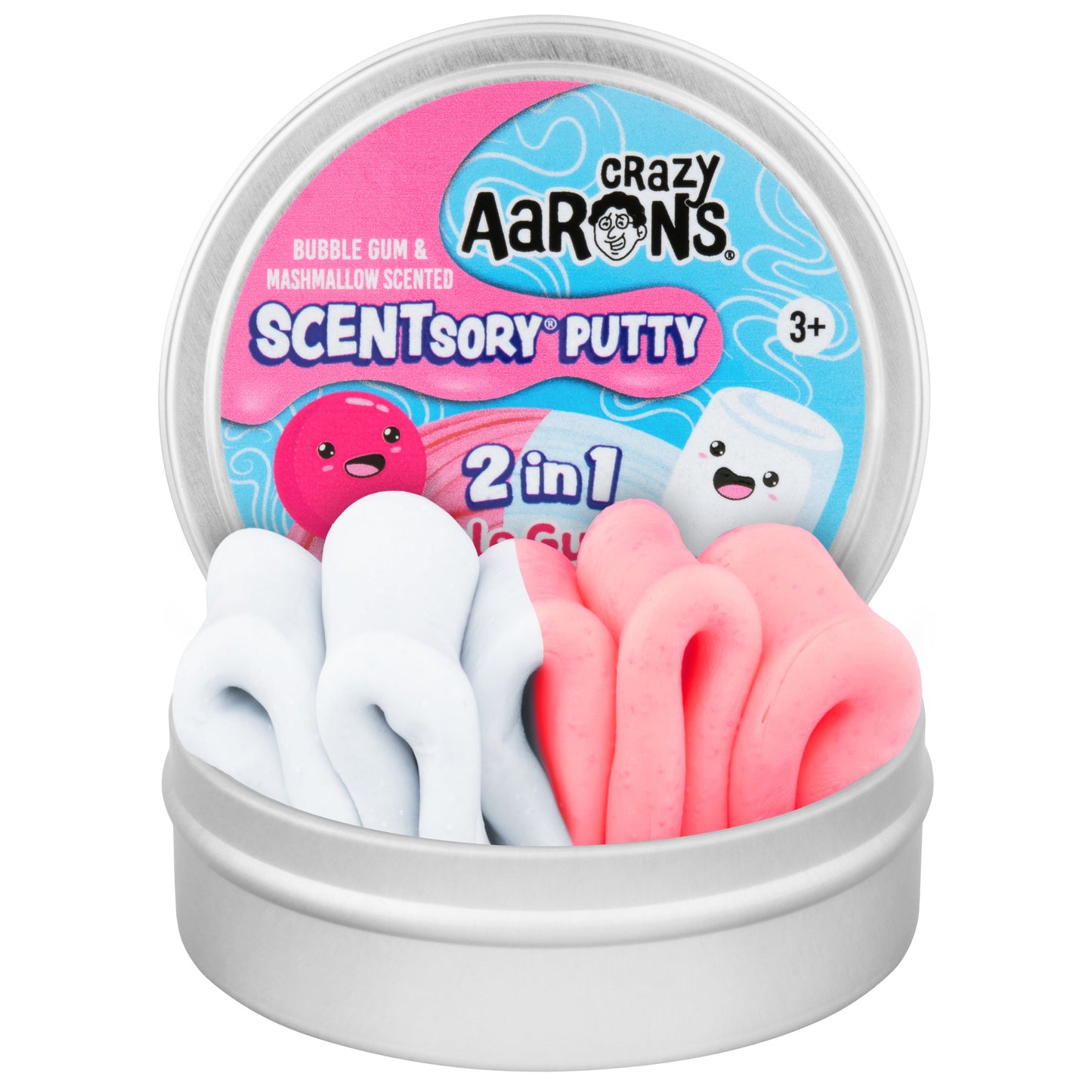 Open tin of Crazy Aaron's Bubble Gum Marshmallow SCENTsory Duos Thinking Putty with two scented putties.