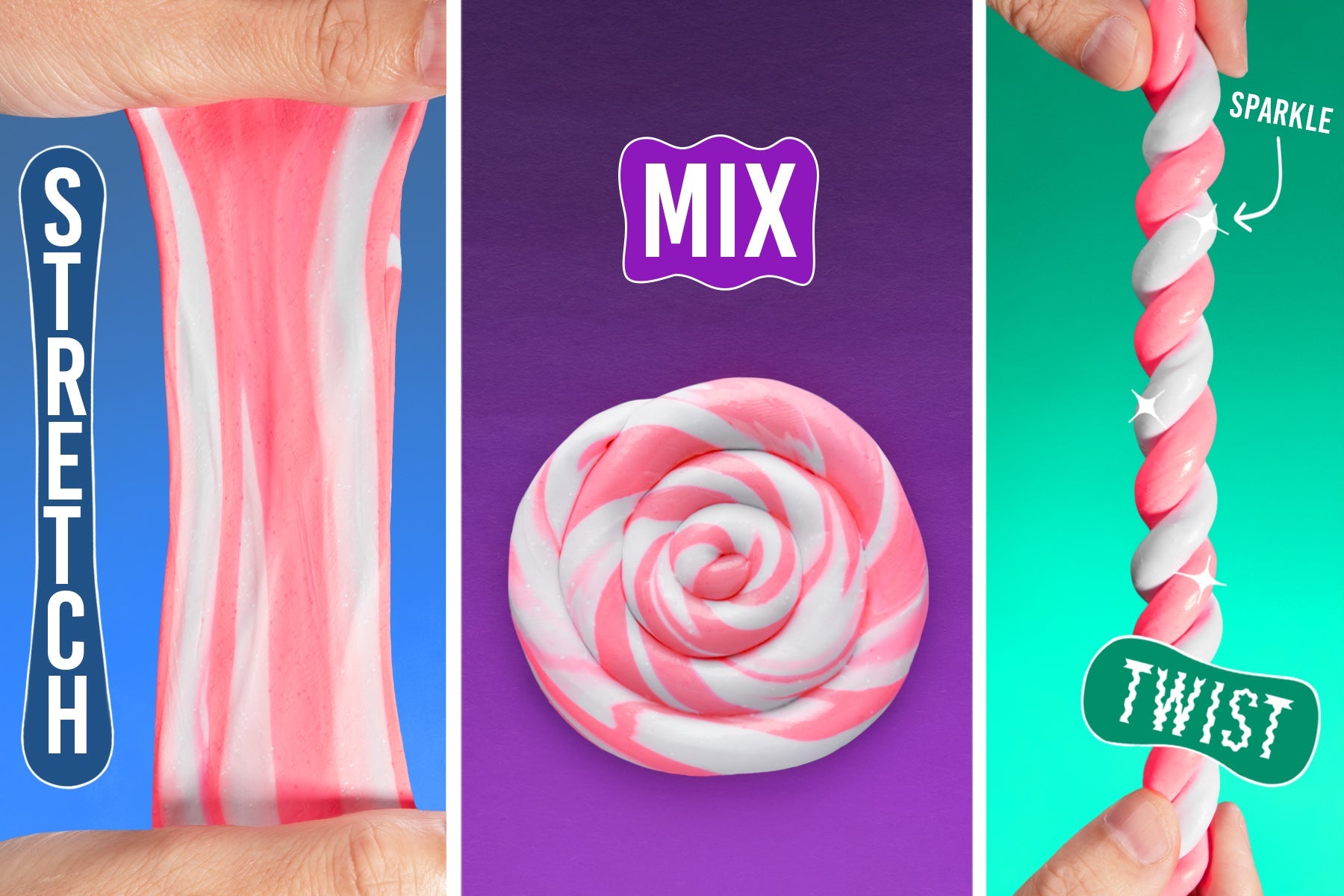 Bubble Gum Marshmallow SCENTsory Duos Thinking Putty showing stretch, mix, and twist play features.