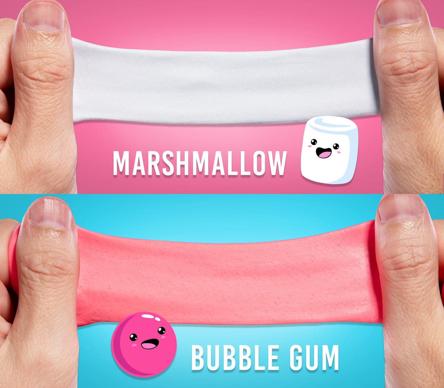 Bubble gum and marshmallow scented putties displayed separately before mixing.