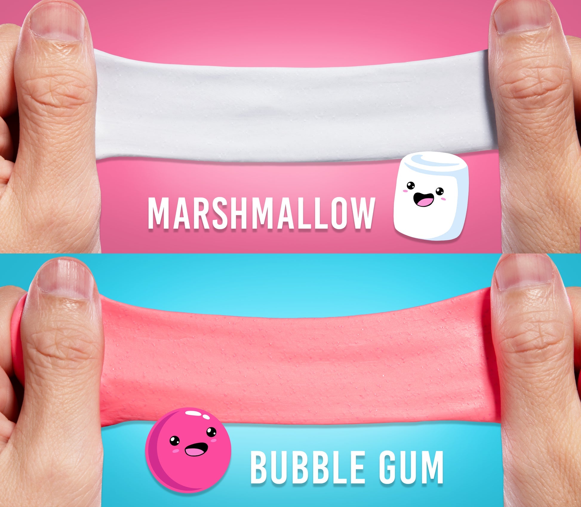 Bubble gum and marshmallow scented putties displayed separately before mixing.