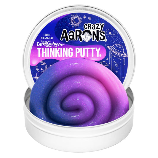 Open tin of Crazy Aaron's Intergalactic Hypercolor Thinking Putty showing blue and purple color-changing putty.