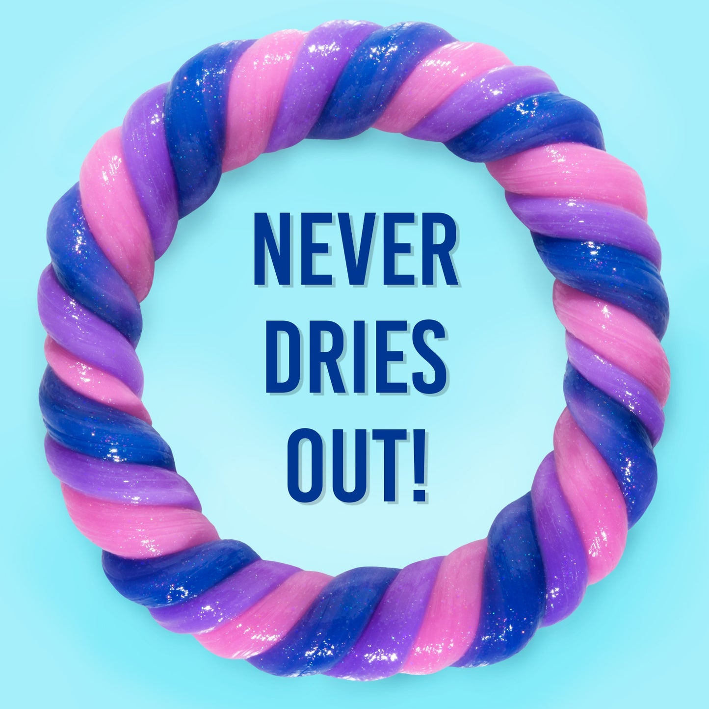 Twisted rope of Crazy Aaron's Intergalactic Hypercolor Thinking Putty displaying blue, purple, and pink colors.