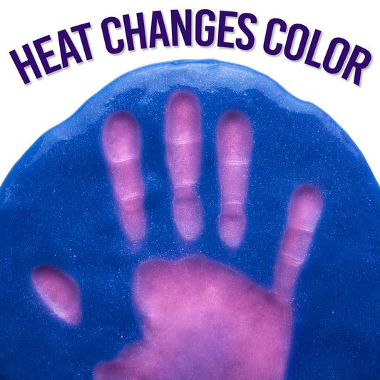 Handprint showing the heat-activated color-changing effect of Crazy Aaron's Intergalactic Hypercolor Thinking Putty.