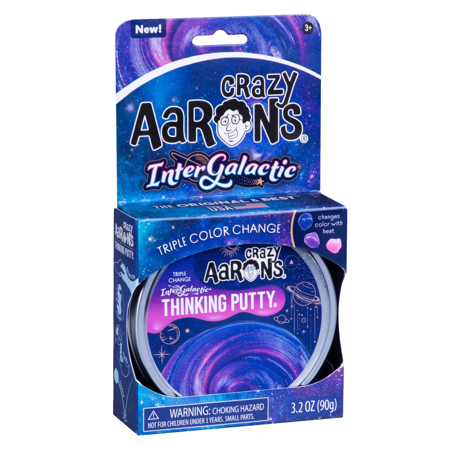 Retail packaging of Crazy Aaron's Intergalactic Hypercolor Thinking Putty full-size tin.