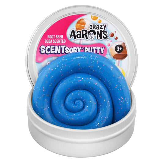 Open tin of Crazy Aaron's Lolly Pop SCENTsory Thinking Putty with bright blue glittery scented putty.