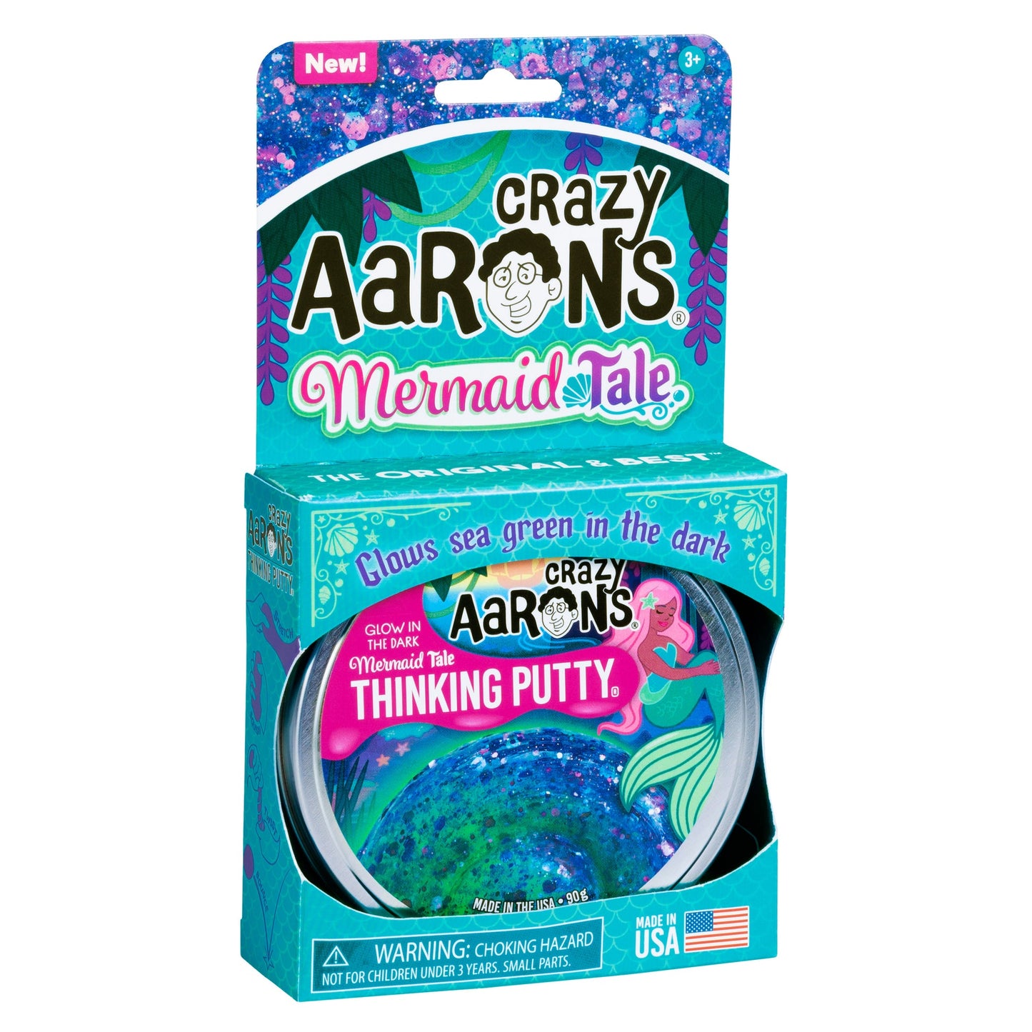 Retail packaging of Crazy Aaron's Mermaid Tale Glowbrights Thinking Putty full-size collectible tin.