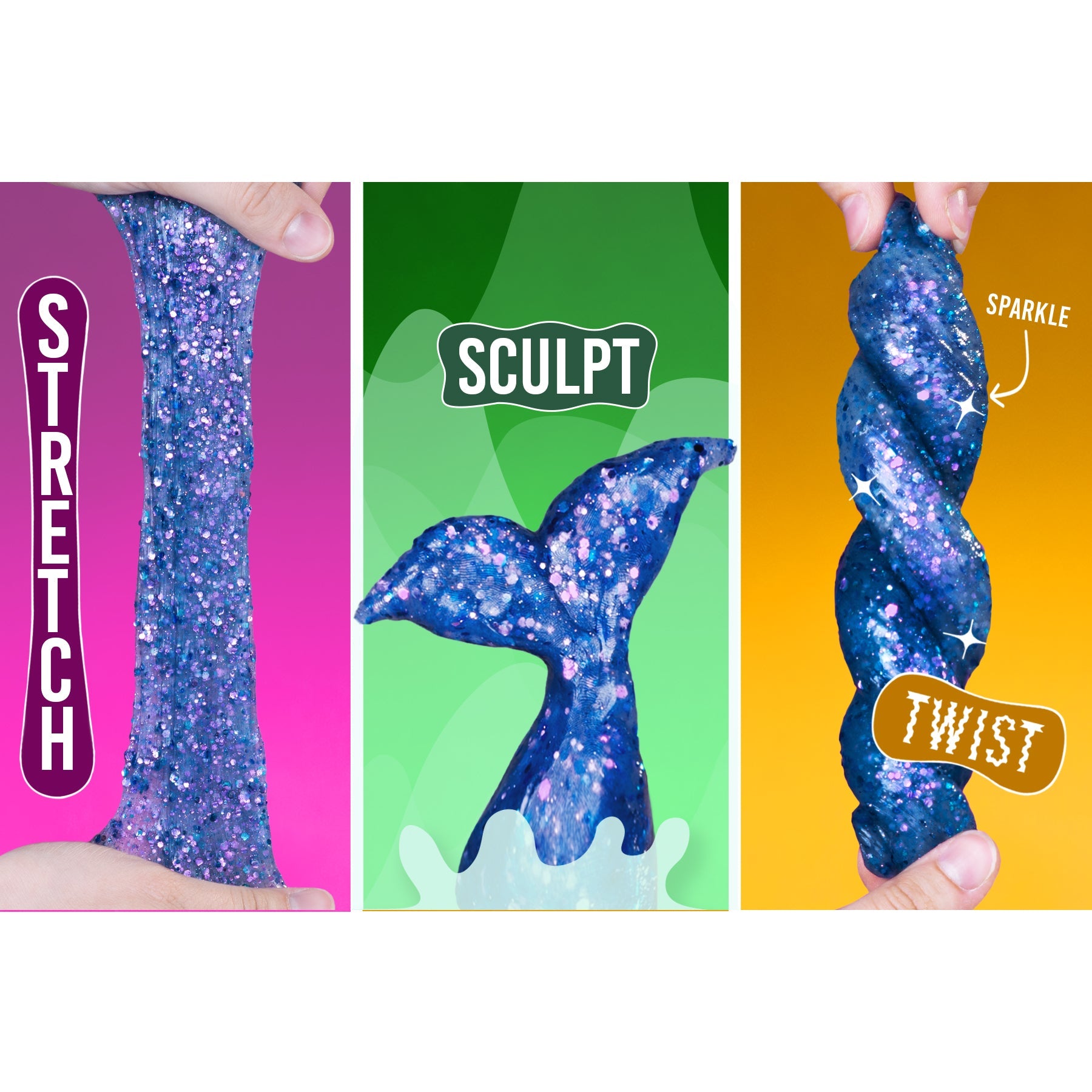 Mermaid Tale Thinking Putty being stretched, sculpted into a mermaid tail, and twisted to demonstrate play features.