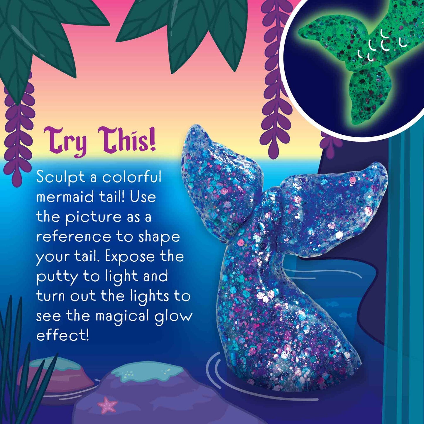 Close-up spiral of Mermaid Tale Glowbrights Thinking Putty highlighting sparkling glitter throughout the putty.