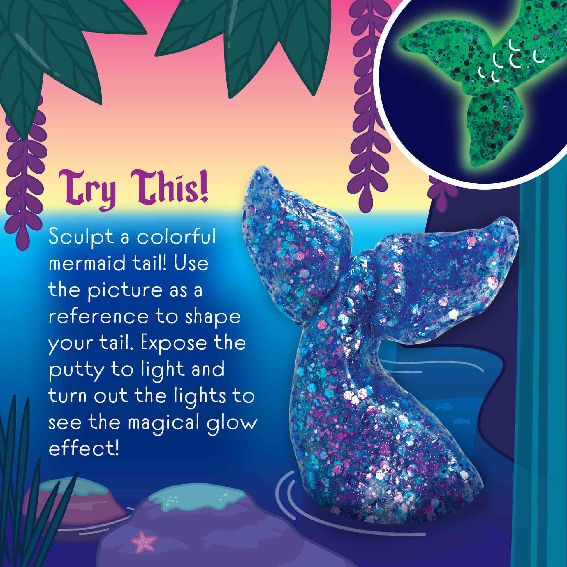 Close-up spiral of Mermaid Tale Glowbrights Thinking Putty highlighting sparkling glitter throughout the putty.