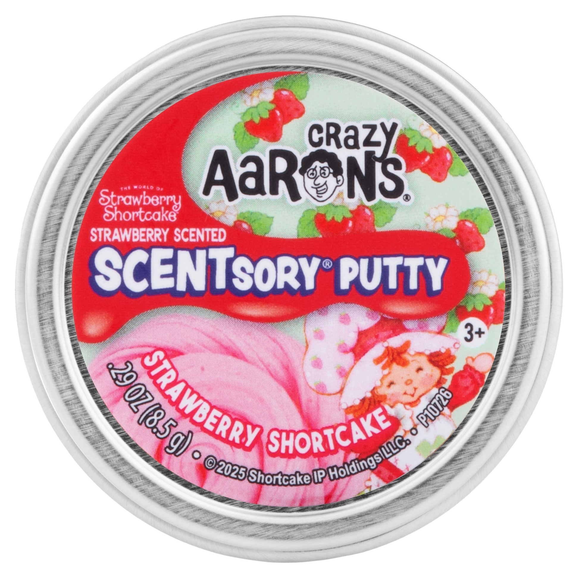 Top view of Crazy Aaron's Mini Strawberry Shortcake SCENTsory Thinking Putty collectible tin