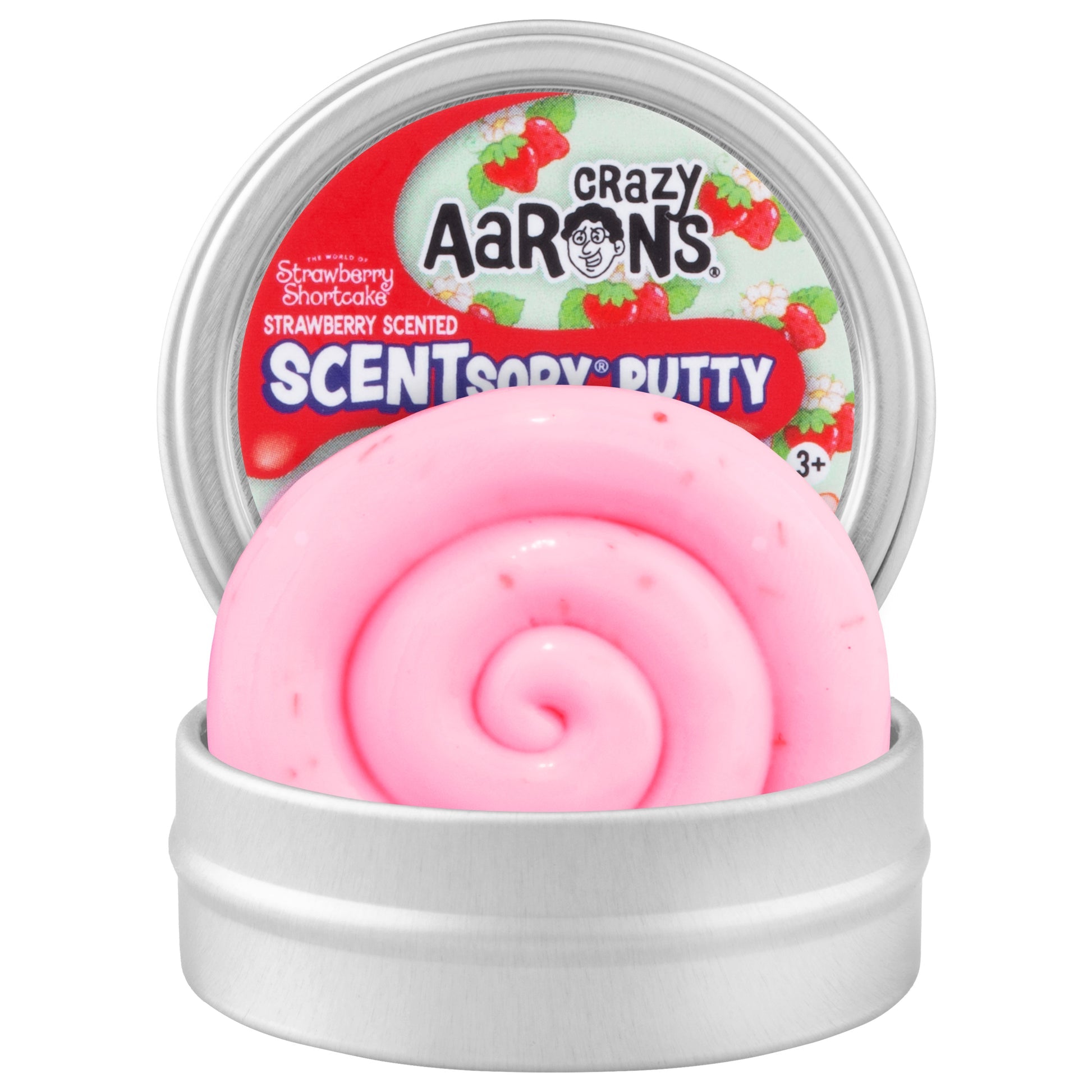 Crazy Aaron's Mini Strawberry Shortcake SCENTsory Thinking Putty in an open mini tin with soft pink strawberry-scented putty.