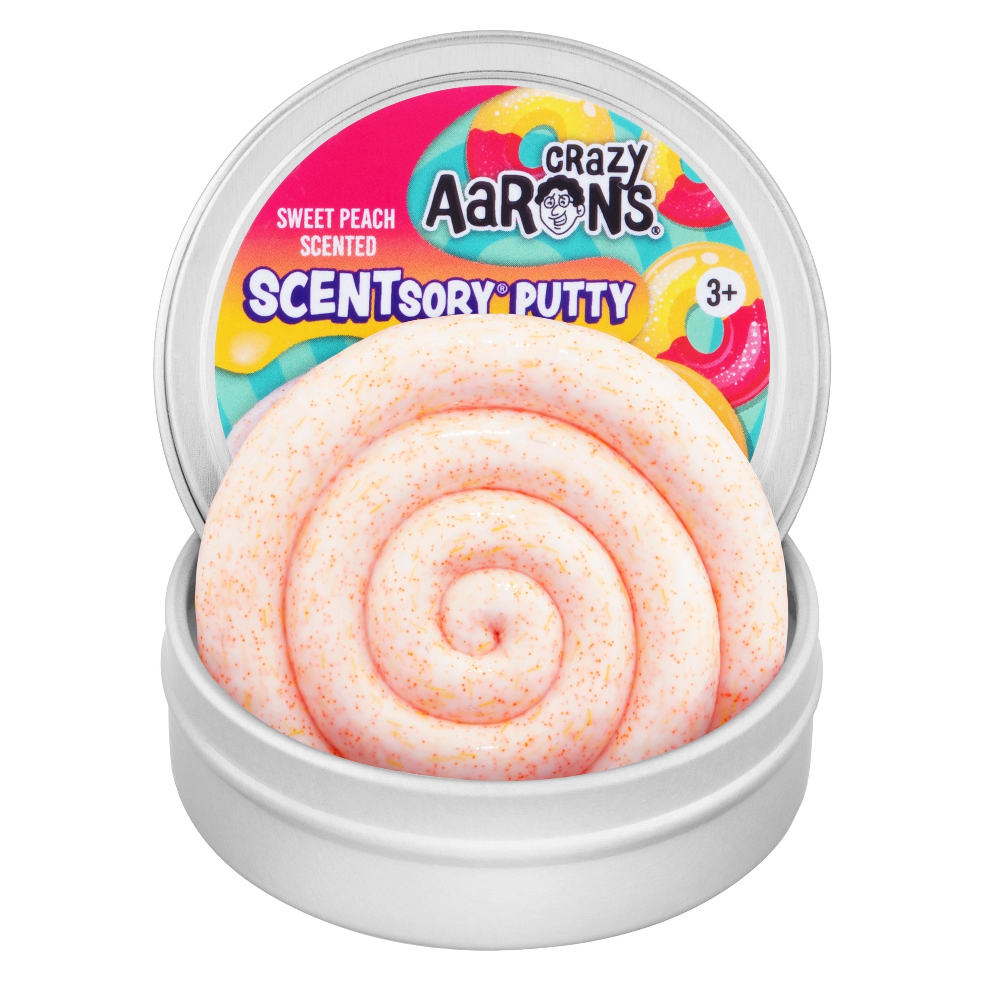 Open tin of Crazy Aaron's Peach Ring SCENTsory Thinking Putty with soft peach-colored scented putty.