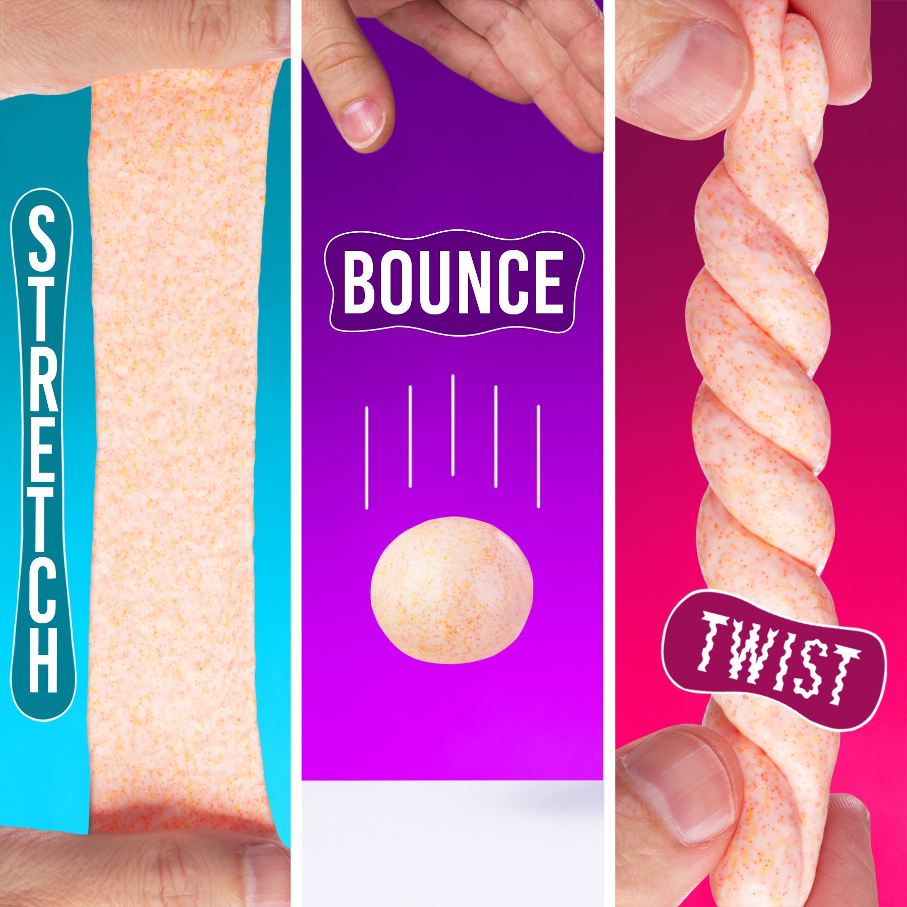 Peach Ring SCENTsory Thinking Putty demonstrating stretch, bounce, and twist features.