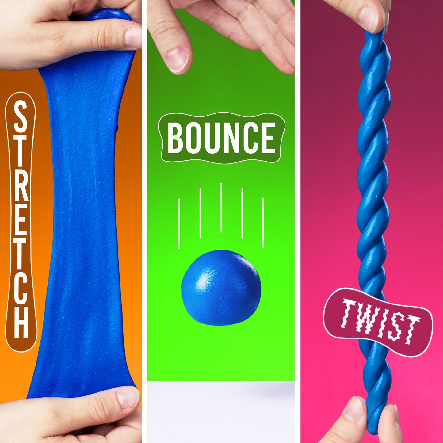 Snow Cone SCENTsory Thinking Putty demonstrating stretch, bounce, and twist play features.