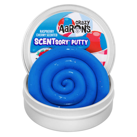 Open tin of Crazy Aaron's Snow Cone SCENTsory Thinking Putty featuring bright blue scented putty.
