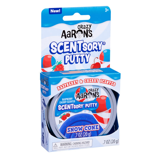 Retail packaging of Crazy Aaron's Snow Cone SCENTsory Thinking Putty collectible tin.