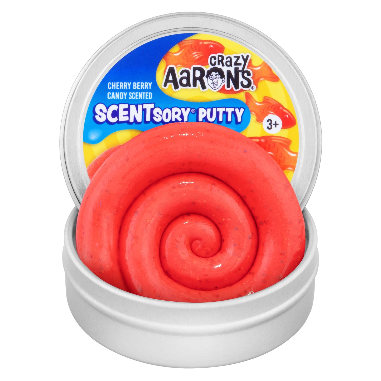 Open tin of Crazy Aaron's Swedish Sweets SCENTsory Thinking Putty with vibrant red glittery putty.