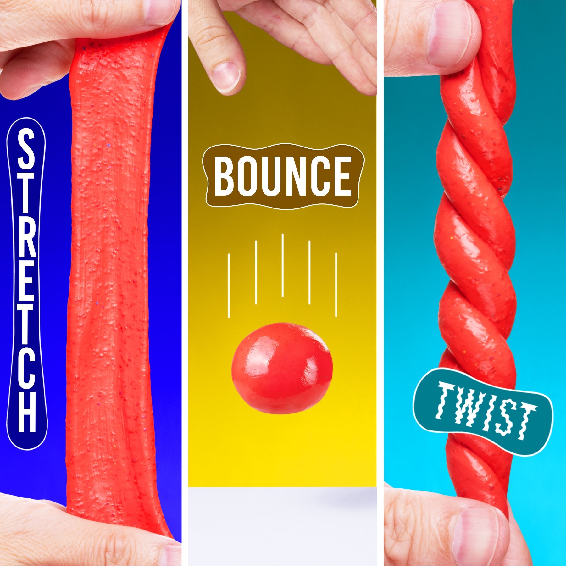 Swedish Sweets SCENTsory Thinking Putty demonstrating stretch, bounce, and twist features.