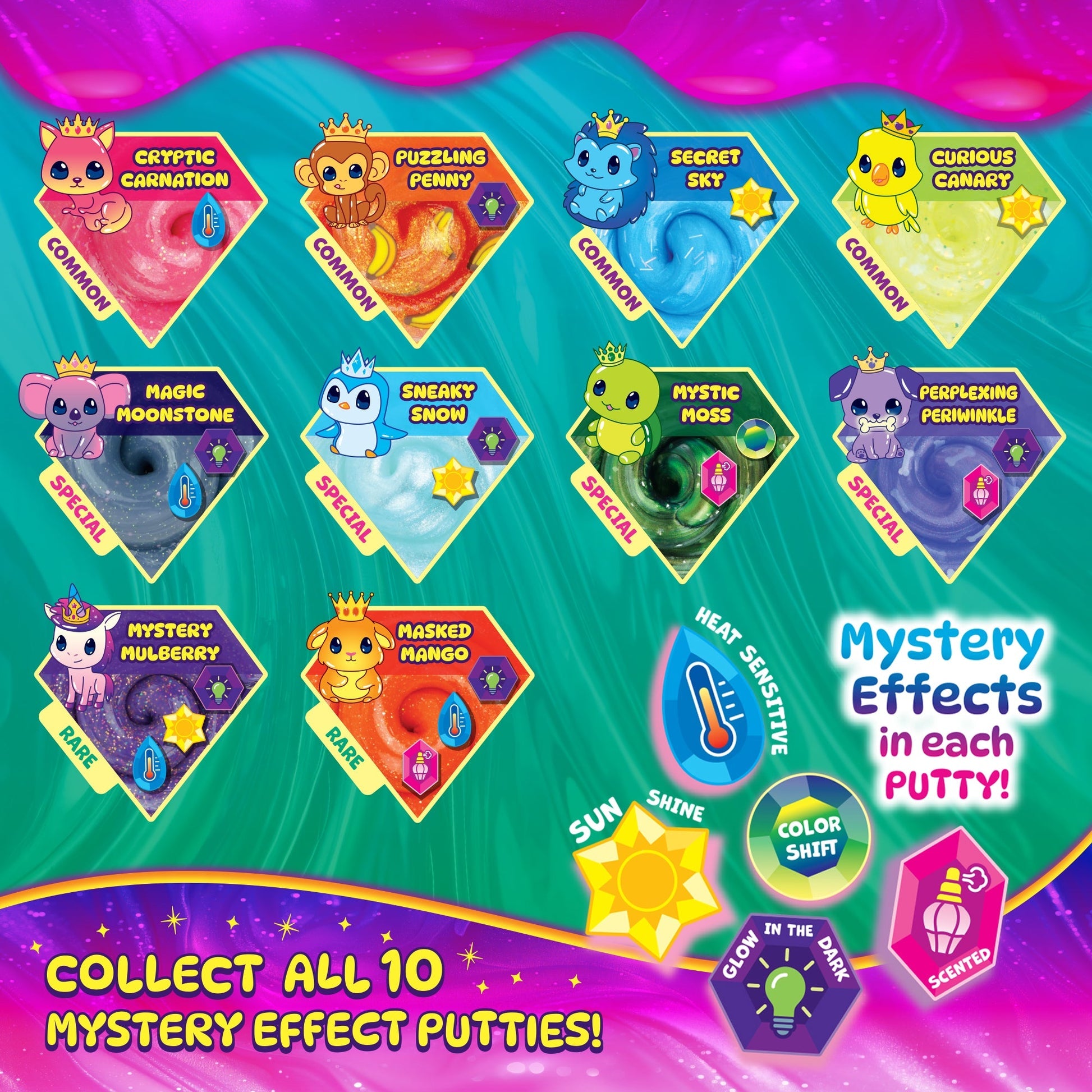 Treasure Reveal collection guide showing all 10 collectible mystery putties and their possible special effects.