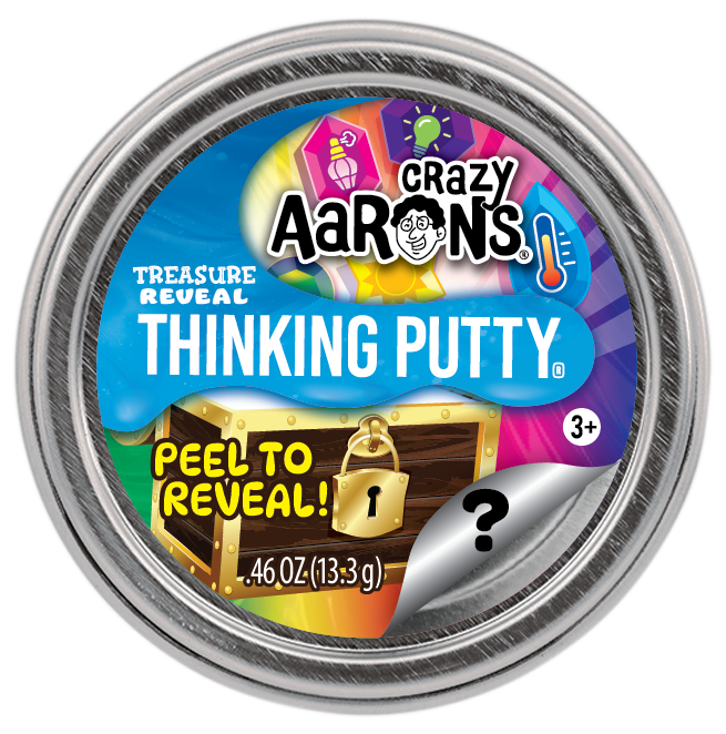 Crazy Aaron's Treasure Reveal Mystery Thinking Putty mini collectible mystery tin with peel-to-reveal label.