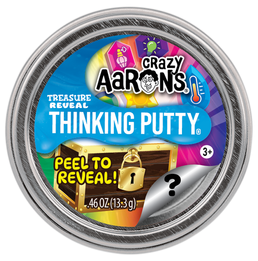 Crazy Aaron's Treasure Reveal Mystery Thinking Putty mini collectible mystery tin with peel-to-reveal label.