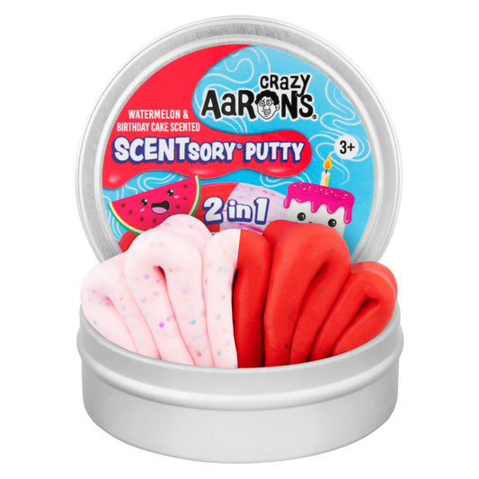 Open tin of Crazy Aaron's Watermelon Birthday Cake SCENTsory Duos Thinking Putty showing two scented putties.