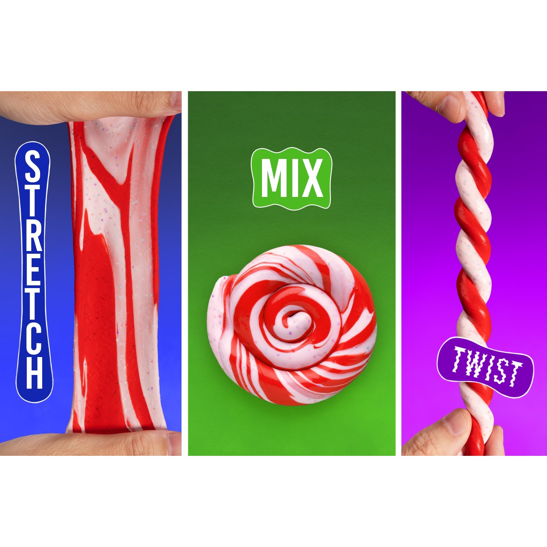 Watermelon Birthday Cake SCENTsory Duos Thinking Putty demonstrating stretch, mix, and twist features.