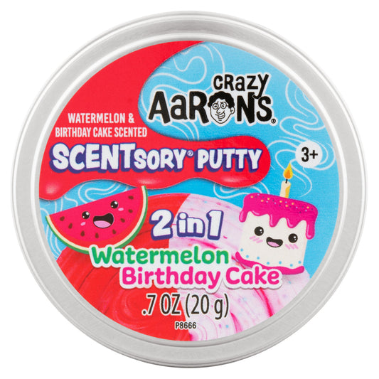 Front view of Crazy Aaron's Watermelon Birthday Cake SCENTsory Duos collectible tin.