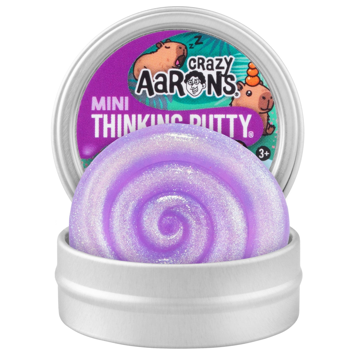 Open Crazy Aaron's Mini Capybara Thinking Putty tin displaying shimmering purple putty inside.