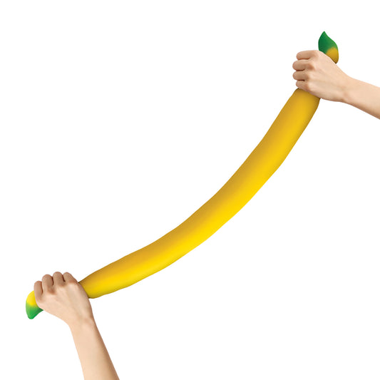 Two hands pulling the Easy Sqweezy Mega Banana into a long, super stretchy yellow banana
