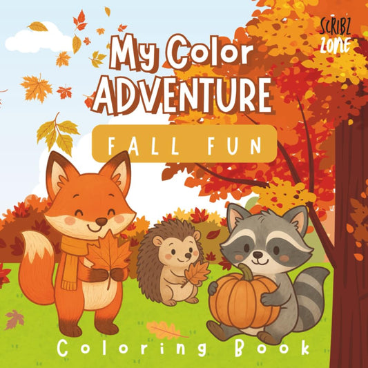 Front cover of My Color Adventure Fall Fun kids coloring and activity book with a fox, hedgehog and raccoon among autumn leaves and pumpkins