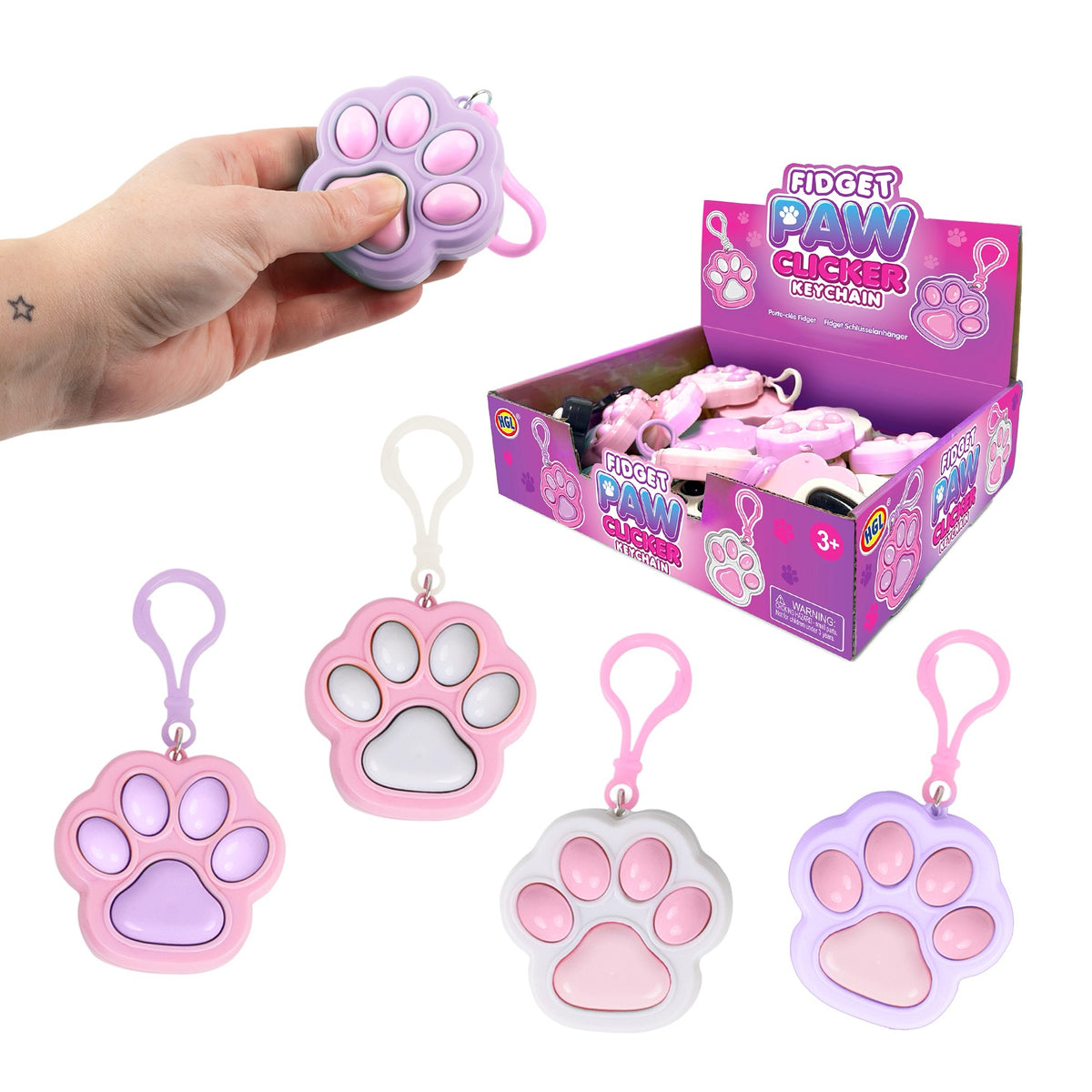 Fidget Paw Clicker Keychain shown with hand demo, retail display box, and four color combos