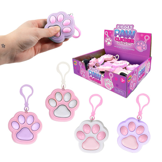 Fidget Paw Clicker Keychain shown with hand demo, retail display box, and four color combos