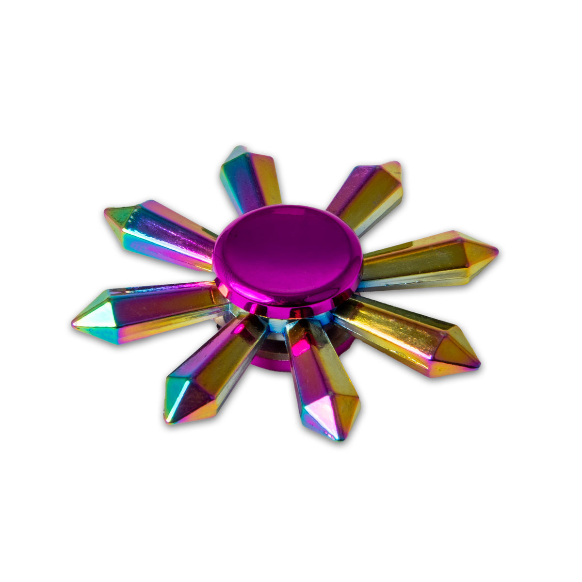 Angled close-up of the FIDGIX rainbow fidget spinner showing the iridescent finish