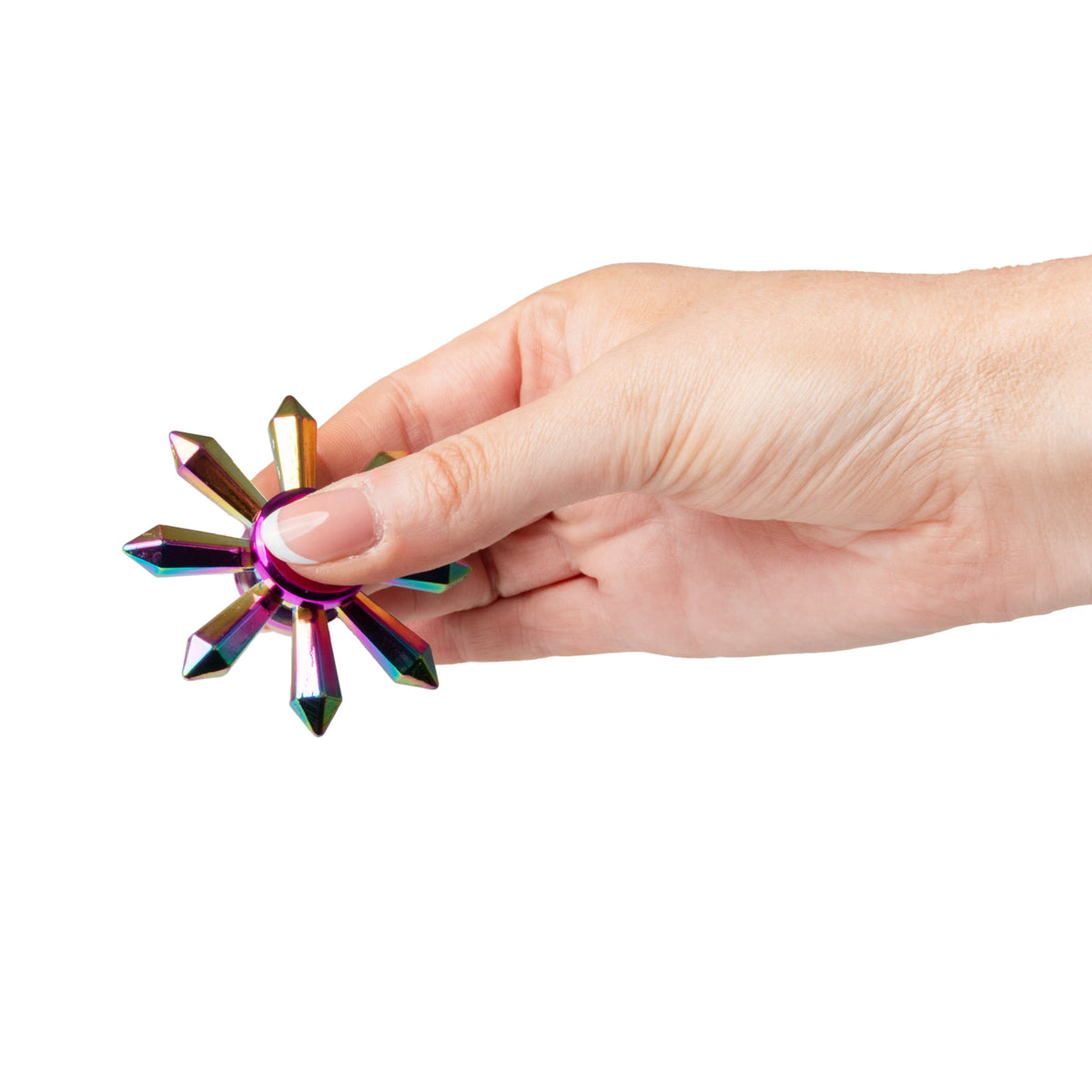 FIDGIX rainbow fidget spinner held between two fingers, side profile