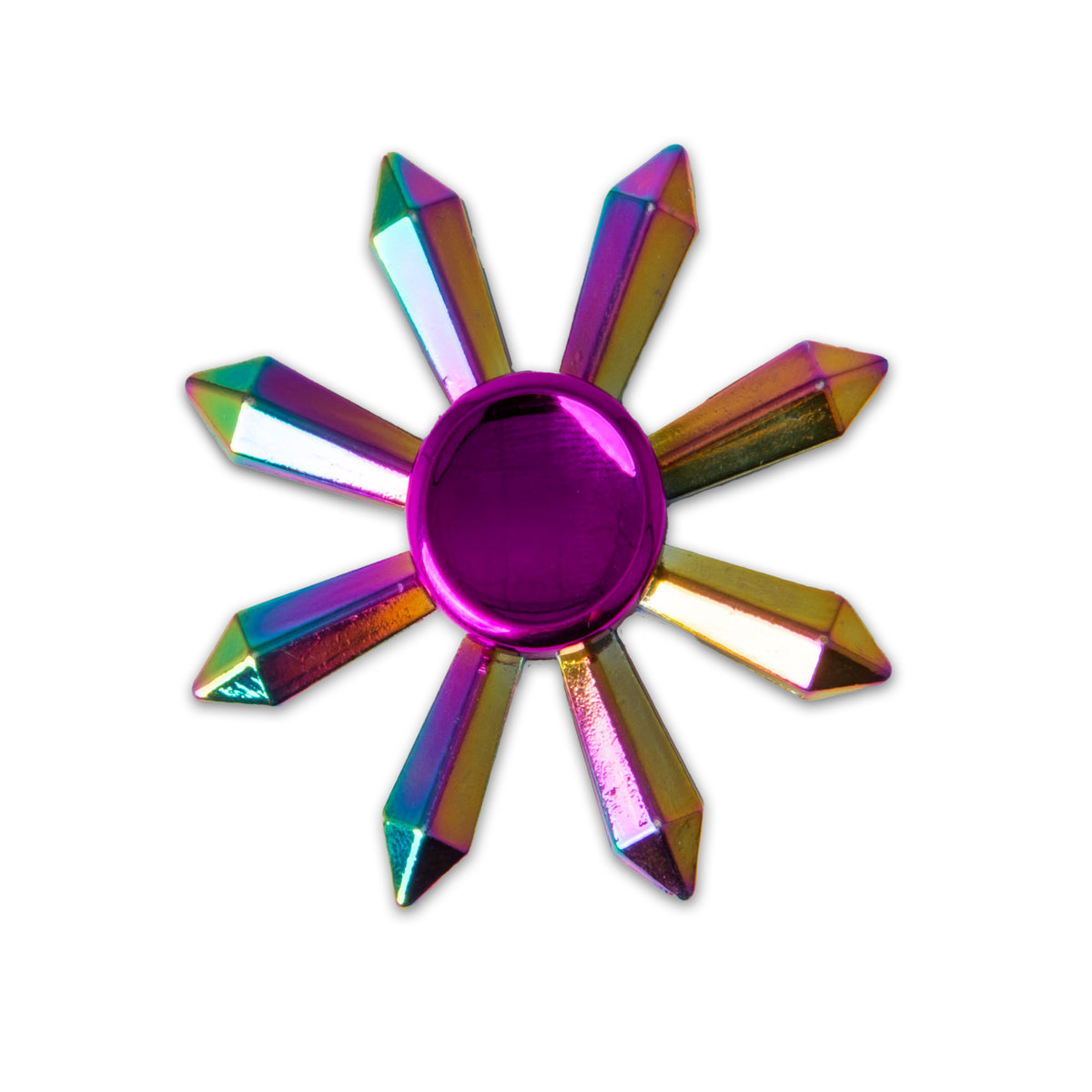 Top-down view of the FIDGIX rainbow fidget spinner with magenta center