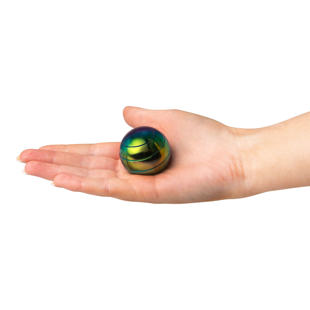 FIDGIX Spinning Sphere resting in an open palm showing its rainbow metallic sheen