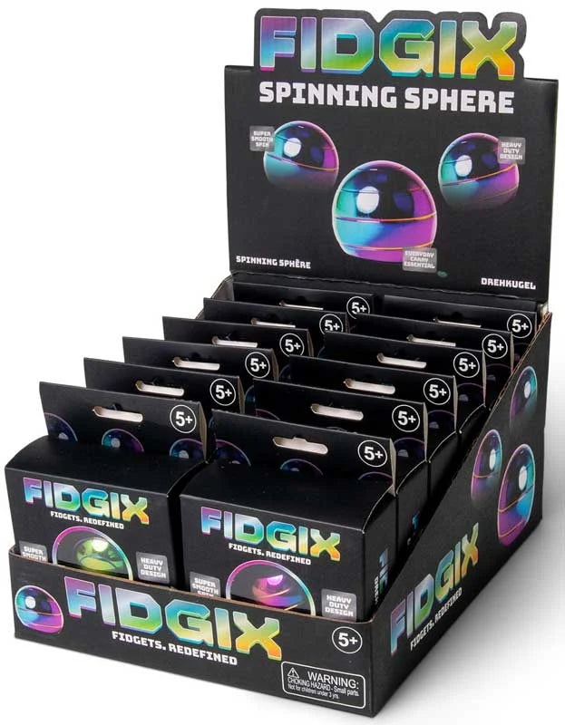 FIDGIX Spinning Sphere retail packaging box and store display featuring three sphere colorways