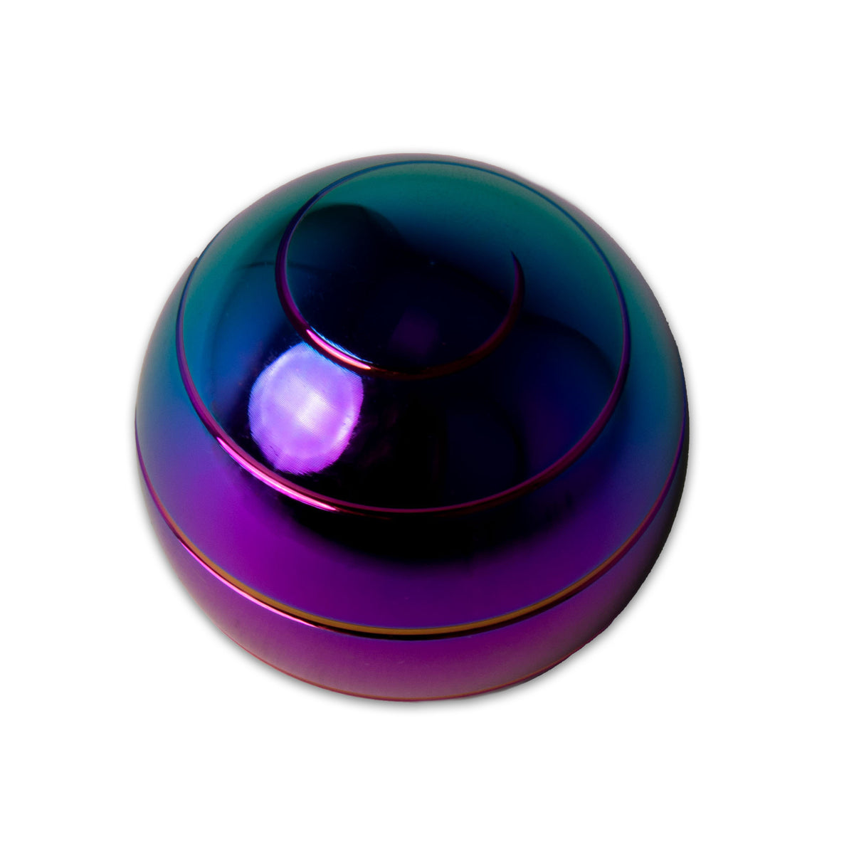 Close-up top-down view of the FIDGIX Spinning Sphere's rainbow metallic finish