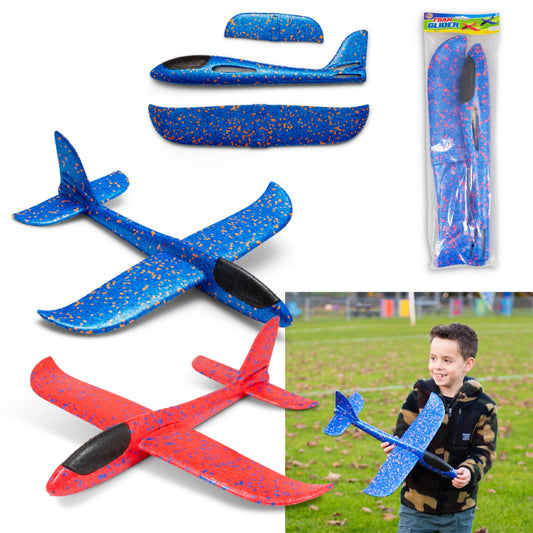 Foam glider airplane toy shown assembled, disassembled parts, retail packaging, and a boy flying it outdoors