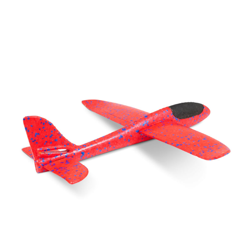 Red foam glider airplane toy standalone product shot, side-angled view