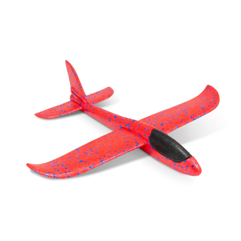 Red foam glider airplane toy standalone product shot, top-angled view