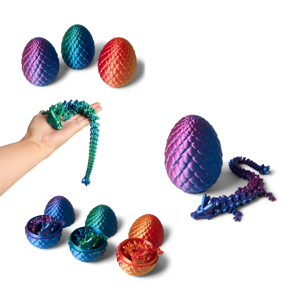Three giant 3D printed dragon eggs shown open and closed, with a hand holding an articulated dragon and a large purple dragon egg beside its dragon